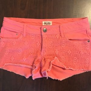 Coral lace denim shorts